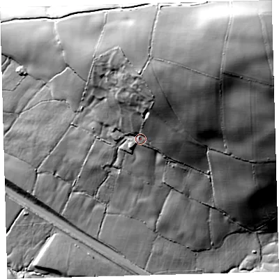 Shaded relief map of the ground around EX320RB, computed from Environment Agency LiDAR. The ground here sits at about 96 m above sea level and falls 127 m across the surrounding 800 m. Surface water reaching this point runs off ground lying to the north-east, 81.2 m higher.