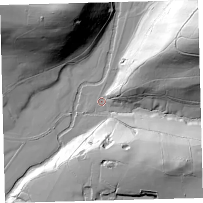 Shaded relief map of the ground around EX320RJ, computed from Environment Agency LiDAR. The ground here sits at about 87 m above sea level and falls 84 m across the surrounding 800 m. Surface water reaching this point runs off ground lying to the north-east, 78.8 m higher.