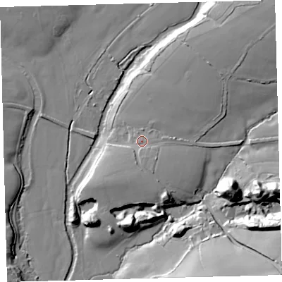 Shaded relief map of the ground around EX320RN, computed from Environment Agency LiDAR. The ground here sits at about 86 m above sea level and falls 32 m across the surrounding 800 m. Surface water reaching this point runs off ground lying to the north-east, 5.5 m higher.