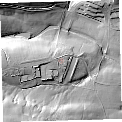 Shaded relief map of the ground around EX320RR, computed from Environment Agency LiDAR. The ground here sits at about 100 m above sea level and falls 49 m across the surrounding 800 m. Surface water reaching this point runs off ground lying to the west, 3.4 m higher.