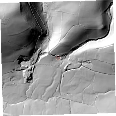 Shaded relief map of the ground around EX320SA, computed from Environment Agency LiDAR. The ground here sits at about 101 m above sea level and falls 107 m across the surrounding 800 m. Surface water reaching this point runs off ground lying to the north-north-east, 31.2 m higher.