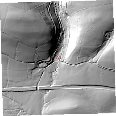 Shaded relief map of the ground around EX320TJ, computed from Environment Agency LiDAR. The ground here sits at about 109 m above sea level and falls 86 m across the surrounding 800 m. Surface water reaching this point runs off ground lying to the north-east, 76.6 m higher.