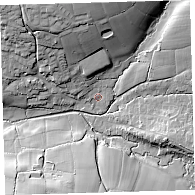 Shaded relief map of the ground around EX320UZ, computed from Environment Agency LiDAR. The ground here sits at about 30 m above sea level and falls 33 m across the surrounding 800 m. Surface water reaching this point runs off ground lying to the north, 27.2 m higher.