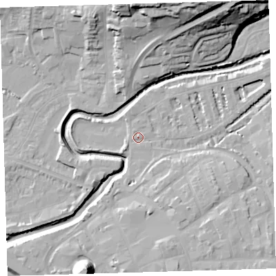 Shaded relief map of the ground around EX327AA, computed from Environment Agency LiDAR. The ground here sits at about 6 m above sea level and falls 35 m across the surrounding 800 m. Surface water reaching this point runs off ground lying to the east-south-east, 6.6 m higher.