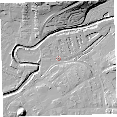 Shaded relief map of the ground around EX327AB, computed from Environment Agency LiDAR. The ground here sits at about 5 m above sea level and falls 33 m across the surrounding 800 m. Surface water reaching this point runs off ground lying to the south-east, 13.5 m higher.