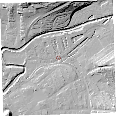 Shaded relief map of the ground around EX327AD, computed from Environment Agency LiDAR. The ground here sits at about 6 m above sea level and falls 35 m across the surrounding 800 m. Surface water reaching this point runs off ground lying to the south-east, 18.6 m higher.