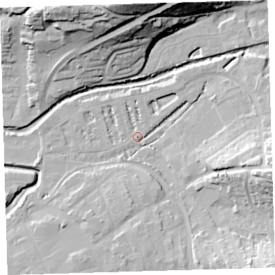 Shaded relief map of the ground around EX327AE, computed from Environment Agency LiDAR. The ground here sits at about 6 m above sea level and falls 41 m across the surrounding 800 m. Surface water reaching this point runs off ground lying to the east-south-east, 21.6 m higher.