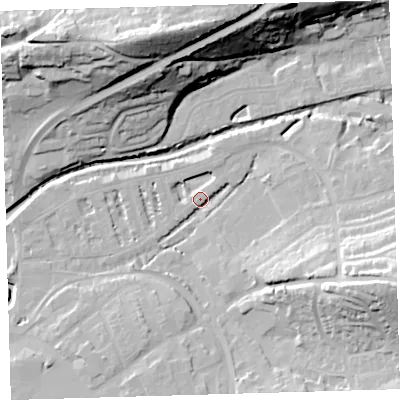 Shaded relief map of the ground around EX327AF, computed from Environment Agency LiDAR. The ground here sits at about 7 m above sea level and falls 42 m across the surrounding 800 m. Surface water reaching this point runs off ground lying to the east-south-east, 25.7 m higher.