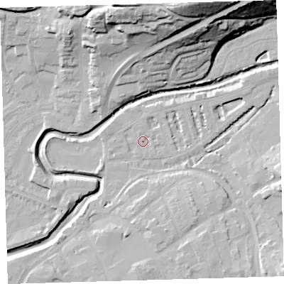 Shaded relief map of the ground around EX327AG, computed from Environment Agency LiDAR. The ground here sits at about 5 m above sea level and falls 42 m across the surrounding 800 m. Surface water reaching this point runs off ground lying to the north, 1.2 m higher.