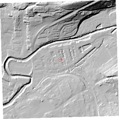 Shaded relief map of the ground around EX327AH, computed from Environment Agency LiDAR. The ground here sits at about 6 m above sea level and falls 43 m across the surrounding 800 m. Surface water reaching this point runs off ground lying to the north-north-west, 2.1 m higher.