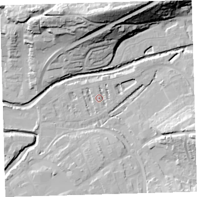 Shaded relief map of the ground around EX327AJ, computed from Environment Agency LiDAR. The ground here sits at about 6 m above sea level and falls 42 m across the surrounding 800 m. Surface water reaching this point runs off ground lying to the north-north-east, 2.1 m higher.