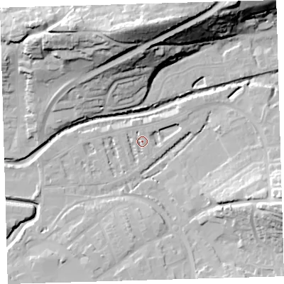 Shaded relief map of the ground around EX327AL, computed from Environment Agency LiDAR. The ground here sits at about 6 m above sea level and falls 42 m across the surrounding 800 m. Surface water reaching this point runs off ground lying to the north, 2.1 m higher.