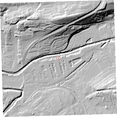 Shaded relief map of the ground around EX327AP, computed from Environment Agency LiDAR. The ground here sits at about 6 m above sea level and falls 42 m across the surrounding 800 m. Surface water reaching this point runs off ground lying to the east-north-east, 3.9 m higher.