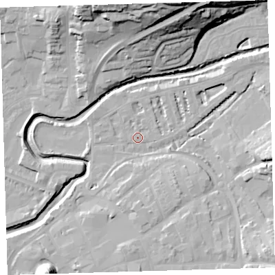 Shaded relief map of the ground around EX327AQ, computed from Environment Agency LiDAR. The ground here sits at about 6 m above sea level and falls 37 m across the surrounding 800 m. Surface water reaching this point runs off ground lying to the south-east, 13.7 m higher.