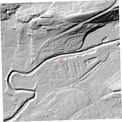 Shaded relief map of the ground around EX327AR, computed from Environment Agency LiDAR. The ground here sits at about 6 m above sea level and falls 43 m across the surrounding 800 m. Surface water reaching this point runs off ground lying to the east, 1.4 m higher.
