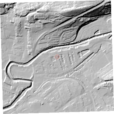 Shaded relief map of the ground around EX327AS, computed from Environment Agency LiDAR. The ground here sits at about 6 m above sea level and falls 43 m across the surrounding 800 m. Surface water reaching this point runs off ground lying to the west-north-west, 1.9 m higher.