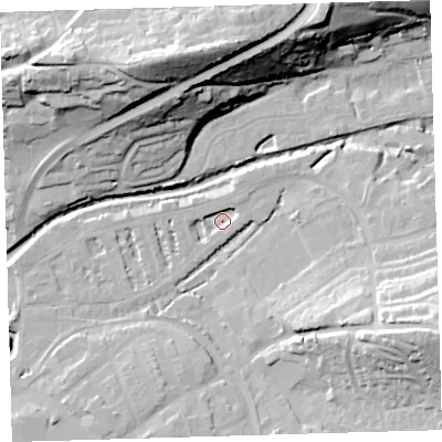 Shaded relief map of the ground around EX327AT, computed from Environment Agency LiDAR. The ground here sits at about 5 m above sea level and falls 42 m across the surrounding 800 m. Surface water reaching this point runs off ground lying to the north-east, 3.2 m higher.