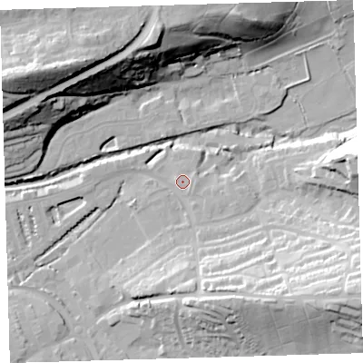 Shaded relief map of the ground around EX327AU, computed from Environment Agency LiDAR. The ground here sits at about 10 m above sea level and falls 41 m across the surrounding 800 m. Surface water reaching this point runs off ground lying to the east, 1.6 m higher.