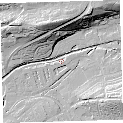 Shaded relief map of the ground around EX327AW, computed from Environment Agency LiDAR. The ground here sits at about 6 m above sea level and falls 42 m across the surrounding 800 m. Surface water reaching this point runs off ground lying to the east-north-east, 3.4 m higher.