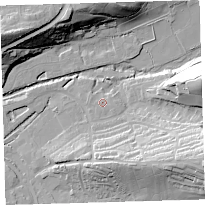Shaded relief map of the ground around EX327AX, computed from Environment Agency LiDAR. The ground here sits at about 11 m above sea level and falls 44 m across the surrounding 800 m. Surface water reaching this point runs off ground lying to the east-south-east, 1.1 m higher.