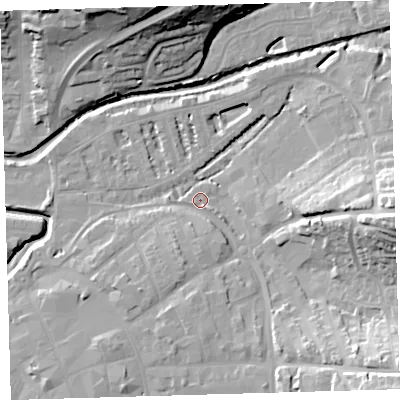 Shaded relief map of the ground around EX327BQ, computed from Environment Agency LiDAR. The ground here sits at about 6 m above sea level and falls 30 m across the surrounding 800 m. Surface water reaching this point runs off ground lying to the south-east, 24.4 m higher.
