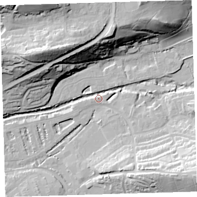 Shaded relief map of the ground around EX327DE, computed from Environment Agency LiDAR. The ground here sits at about 8 m above sea level and falls 42 m across the surrounding 800 m. Surface water reaching this point runs off ground lying to the east-south-east, 15.0 m higher.