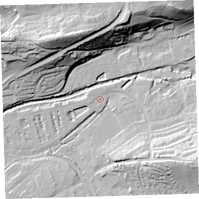 Shaded relief map of the ground around EX327EN, computed from Environment Agency LiDAR. The ground here sits at about 7 m above sea level and falls 41 m across the surrounding 800 m. Surface water reaching this point runs off ground lying to the north-north-east, 1.5 m higher.