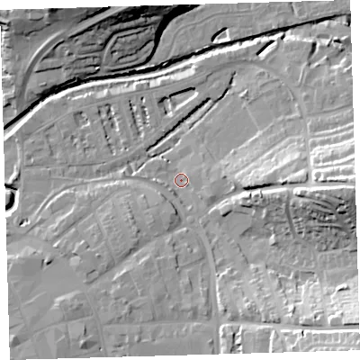 Shaded relief map of the ground around EX327EU, computed from Environment Agency LiDAR. The ground here sits at about 6 m above sea level and falls 33 m across the surrounding 800 m. Surface water reaching this point runs off ground lying to the south-east, 29.0 m higher.