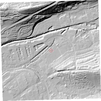 Shaded relief map of the ground around EX327EX, computed from Environment Agency LiDAR. The ground here sits at about 6 m above sea level and falls 41 m across the surrounding 800 m. Surface water reaching this point runs off ground lying to the east-south-east, 29.0 m higher.