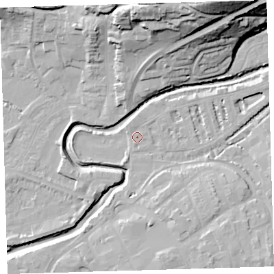 Shaded relief map of the ground around EX327FB, computed from Environment Agency LiDAR. The ground here sits at about 6 m above sea level and falls 42 m across the surrounding 800 m. Surface water reaching this point runs off ground lying to the north, 1.0 m higher.