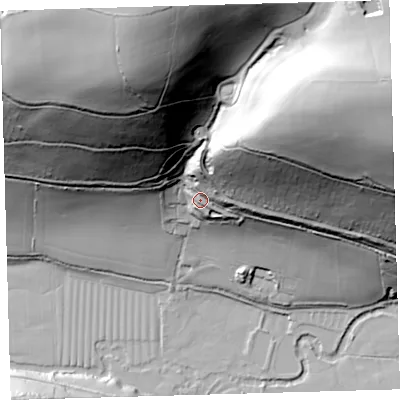 Shaded relief map of the ground around EX327JX, computed from Environment Agency LiDAR. The ground here sits at about 48 m above sea level and falls 129 m across the surrounding 800 m. Surface water reaching this point runs off ground lying to the north, 19.1 m higher.