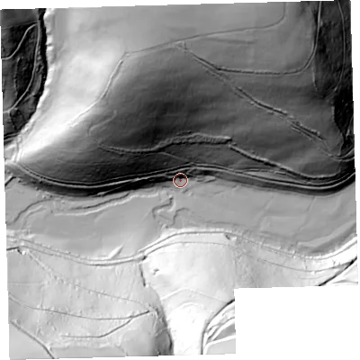 Shaded relief map of the ground around EX327JZ, computed from Environment Agency LiDAR. The ground here sits at about 41 m above sea level and falls 120 m across the surrounding 800 m. Surface water reaching this point runs off ground lying to the north, 114.9 m higher.