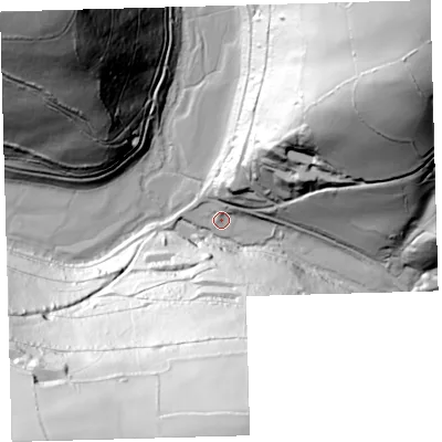 Shaded relief map of the ground around EX327LA, computed from Environment Agency LiDAR. The ground here sits at about 46 m above sea level and falls 126 m across the surrounding 800 m. Surface water reaching this point runs off ground lying to the south, 123.5 m higher.