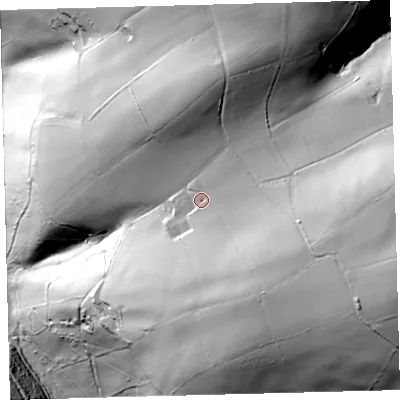 Shaded relief map of the ground around EX327PY, computed from Environment Agency LiDAR. The ground here sits at about 211 m above sea level and falls 113 m across the surrounding 800 m. Surface water reaching this point runs off ground lying to the east-south-east, 29.3 m higher.