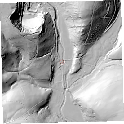 Shaded relief map of the ground around EX327QB, computed from Environment Agency LiDAR. The ground here sits at about 120 m above sea level and falls 92 m across the surrounding 800 m. Surface water reaching this point runs off ground lying to the north-west, 83.0 m higher.