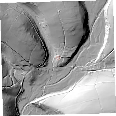 Shaded relief map of the ground around EX327QF, computed from Environment Agency LiDAR. The ground here sits at about 151 m above sea level and falls 71 m across the surrounding 800 m. Surface water reaching this point runs off ground lying to the north-east, 8.3 m higher.