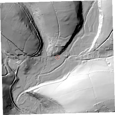 Shaded relief map of the ground around EX327QH, computed from Environment Agency LiDAR. The ground here sits at about 144 m above sea level and falls 78 m across the surrounding 800 m. Surface water reaching this point runs off ground lying to the north-north-east, 15.2 m higher.