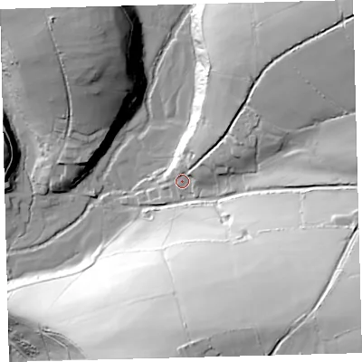 Shaded relief map of the ground around EX327QJ, computed from Environment Agency LiDAR. The ground here sits at about 153 m above sea level and falls 80 m across the surrounding 800 m. Surface water reaching this point runs off ground lying to the north-east, 52.3 m higher.