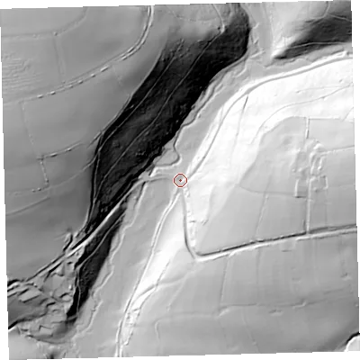 Shaded relief map of the ground around EX327QN, computed from Environment Agency LiDAR. The ground here sits at about 165 m above sea level and falls 107 m across the surrounding 800 m. Surface water reaching this point runs off ground lying to the east, 59.4 m higher.