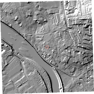 Shaded relief map of the ground around EX328AY, computed from Environment Agency LiDAR. The ground here sits at about 8 m above sea level and falls 33 m across the surrounding 800 m. Surface water reaching this point runs off ground lying to the east-north-east, 2.0 m higher.