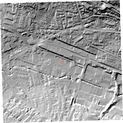 Shaded relief map of the ground around EX328BE, computed from Environment Agency LiDAR. The ground here sits at about 6 m above sea level and falls 61 m across the surrounding 800 m. Surface water reaching this point runs off ground lying to the north, 5.1 m higher.