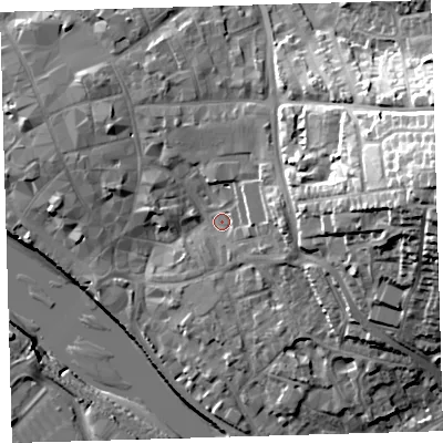 Shaded relief map of the ground around EX328FH, computed from Environment Agency LiDAR. The ground here sits at about 8 m above sea level and falls 36 m across the surrounding 800 m. Surface water reaching this point runs off ground lying to the east-north-east, 7.1 m higher.