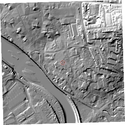 Shaded relief map of the ground around EX328GP, computed from Environment Agency LiDAR. The ground here sits at about 8 m above sea level and falls 34 m across the surrounding 800 m. Surface water reaching this point runs off ground lying to the east-north-east, 0.8 m higher.