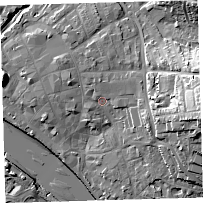 Shaded relief map of the ground around EX328HG, computed from Environment Agency LiDAR. The ground here sits at about 9 m above sea level and falls 30 m across the surrounding 800 m. Surface water reaching this point runs off ground lying to the east, 17.7 m higher.