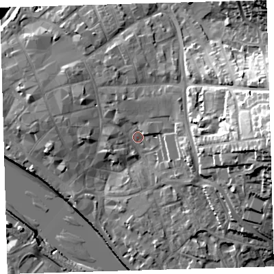 Shaded relief map of the ground around EX328HJ, computed from Environment Agency LiDAR. The ground here sits at about 8 m above sea level and falls 34 m across the surrounding 800 m. Surface water reaching this point runs off ground lying to the east, 18.3 m higher.