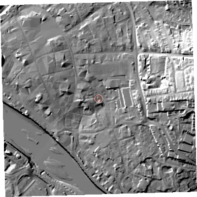 Shaded relief map of the ground around EX328HQ, computed from Environment Agency LiDAR. The ground here sits at about 8 m above sea level and falls 32 m across the surrounding 800 m. Surface water reaching this point runs off ground lying to the east, 25.5 m higher.