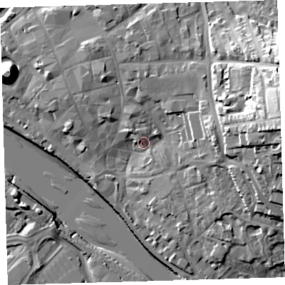 Shaded relief map of the ground around EX328HR, computed from Environment Agency LiDAR. The ground here sits at about 8 m above sea level and falls 28 m across the surrounding 800 m. Surface water reaching this point runs off ground lying to the east, 23.0 m higher.