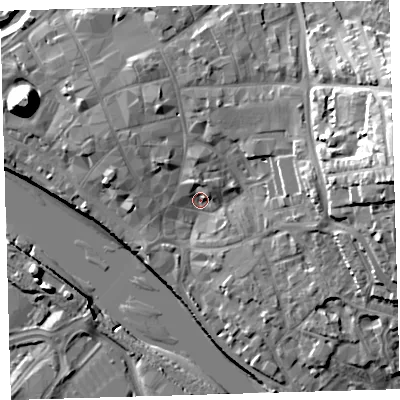 Shaded relief map of the ground around EX328HT, computed from Environment Agency LiDAR. The ground here sits at about 6 m above sea level and falls 26 m across the surrounding 800 m. Surface water reaching this point runs off ground lying to the east, 21.8 m higher.