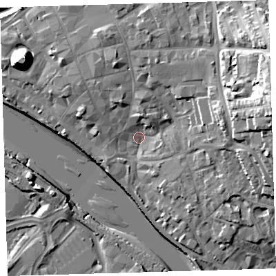 Shaded relief map of the ground around EX328HU, computed from Environment Agency LiDAR. The ground here sits at about 6 m above sea level and falls 25 m across the surrounding 800 m. Surface water reaching this point runs off ground lying to the east-north-east, 20.7 m higher.