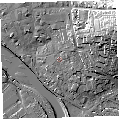 Shaded relief map of the ground around EX328HX, computed from Environment Agency LiDAR. The ground here sits at about 8 m above sea level and falls 37 m across the surrounding 800 m. Surface water reaching this point runs off ground lying to the east-north-east, 26.7 m higher.